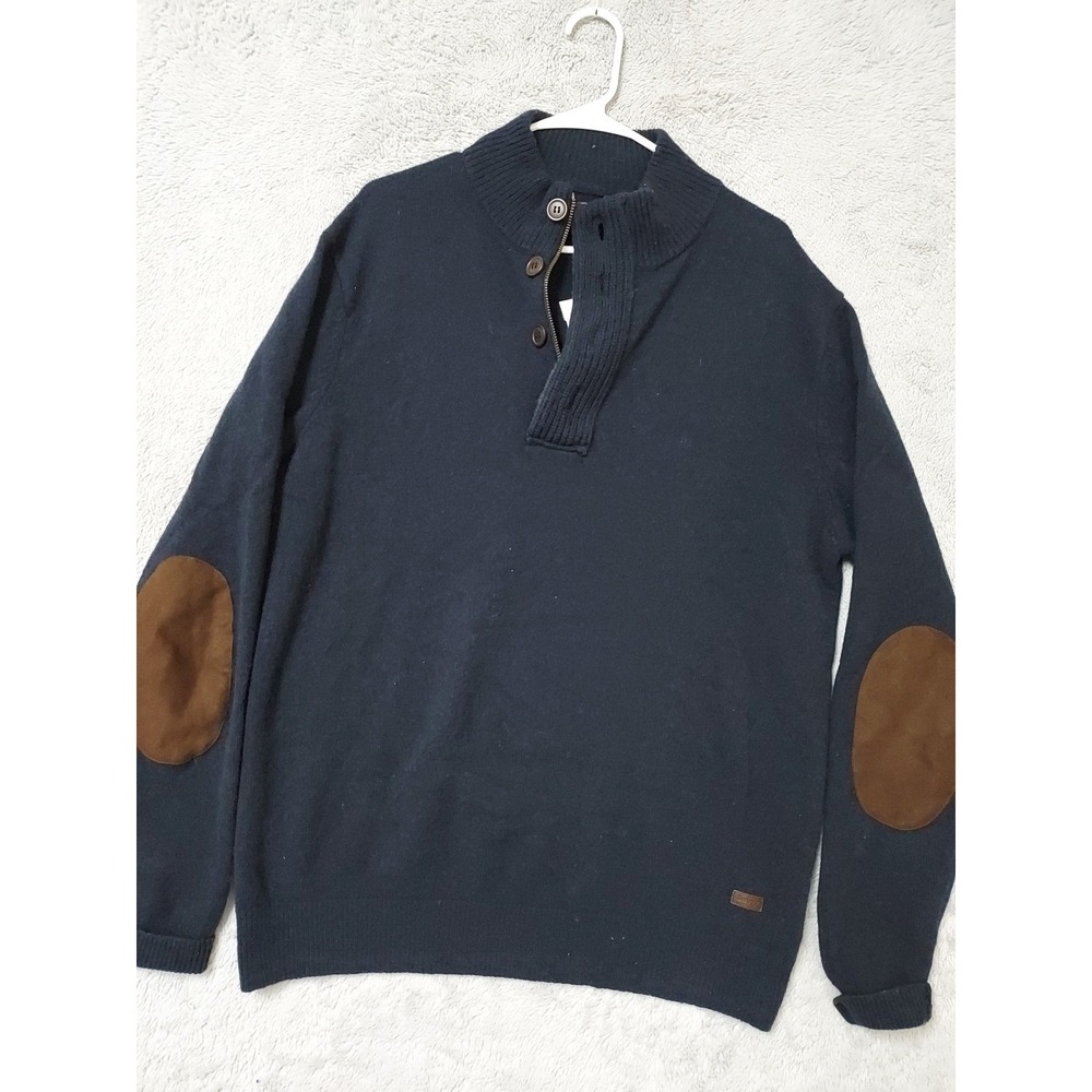 Barbour Sweater Mens XL Elbow Patch Mock Neck 100% Wool Quarter Zip Navy Blue